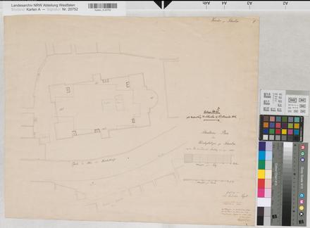 Schwelm (Schwelm) - Kirchplatz - mit eingezeichneter Lage der abgebrannten Kirche - 1838-1846 - 5 Ruten = 9,4 cm; 60 Fuß = 9,2 cm - 49 x 61 - kol. Zeichnung - Konduktor Vogel nach Feldmesser Buchholz - Einzeichnung Baumeister Thielepape