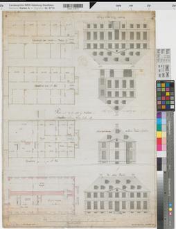 Schwelm (Schwelm) - geplantes Haus des Herrn Neuhaus am Schwelmer Brunnen - Grundrisse, Ansichten - 1796 - 70 Fuß = 19,8 cm - 73,5 x 52 - Zeichnung - Eberhard Haarmann, Architekt - KSA Nr. 1410