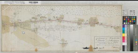 Schwelm (Schwelm) - Rittershausen (Wuppertal-Oberbarmen) - (Grenze zum Herzogtum Berg) - Grundstücksentschädigung beim Straßenbau - 1794 - 200 Ruten = 15 cm - 34 x 91 - kol. Zeichnung - F. W. Steinmeister jun. - KSA Nr. 1021