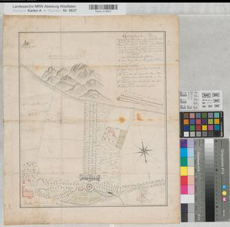 Schwelm (Schwelm) - geplanter Gesundbrunnen - Geometrischer Plan von der Situation des schwelmischen Gesund-Brunnens - 1751 - 200 rh. Ruten = 10,4 cm - 42 x 35 - kol. Zeichnung - J. G. Risse - KSA Nr. 465