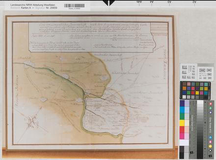 Langerfeld (Wuppertal) - Straßen von Schwelm ins Bergische, Kohlenstraßen und Garnbleichen an der Wupper - Eine von Langerfelder Bauerschaft... ausgefertigte Carte, worauf zu sehen, die Passage, Landstraße so von Stadt Schwelm gerade durch Langerfeld zum Bergischen zu, so auch das Steinkohlen Gefähr durch Langerfeld und den Wupperstrom und die daranliegende Garn Bleichen - 1753 - o.M. - 41 x 54 - Farbfoto - nach Original, vermittelt vom Historischen Zentrum der Stadt Wuppertal, ev. Kirchengemeinde Wichlinghausen