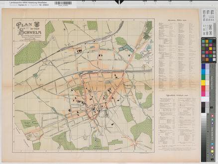 Schwelm (Schwelm) - Stadtplan - (1909) - 1 : 5000 - 53 x 56 - farb. Druck - Verlag M. Scherz, Schwelm - Bem.: Einzeichnung des Geländes des neuen Postamtes - Oberpostdirektion Dortmund Nr. 1675