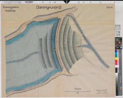 Ennepetalsperre bei Peddenöde - Blatt 11 Dammgrundriß - 1937 - 1 : 500 - 82 x 100 - kol. Pause - Regierung Arnsberg