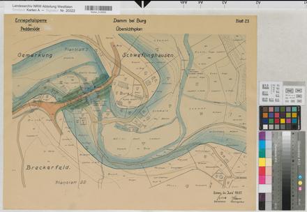 Ennepetalsperre bei Peddenöde - Damm bei Burg - Blatt 23 Übersichtsplan - 1937 - 1 : 1000 - 50 x 65 - kol. Pause - Regierung Arnsberg