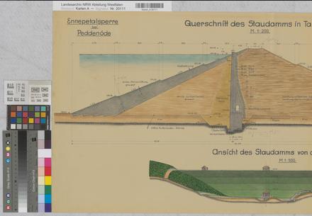 Ennepetalsperre - Staudamm bei Peddenöde - Blatt 12 Querschnitt und Ansicht - 1937 - 1 : 200/500 - 50 x 108 - kol. Pause - Regierung Arnsberg