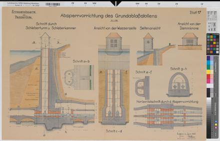 Ennepetalsperre bei Peddenöde - Blatt 17 Absperrvorrichtung des Grundablaßstollens - Schnitte, Ansichten - 1937 - 1 : 100 - 65 x 99 - kol. Pause - Regierung Arnsberg